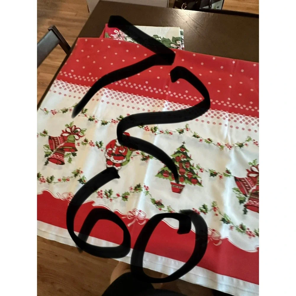 Vintage Christmas Tablecloth Santa Claus Tree Bell Red White Holiday 72x60